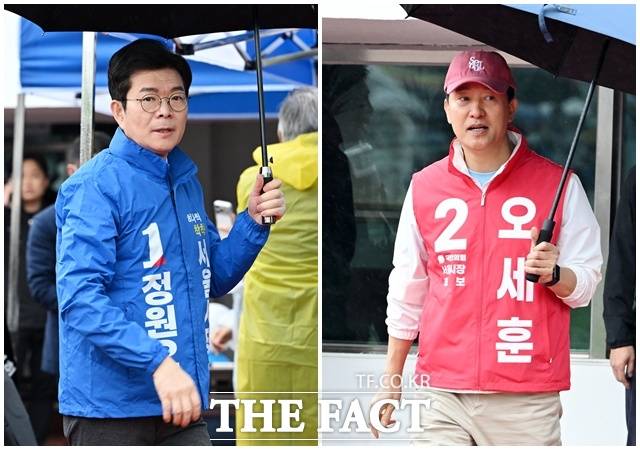 이번 지방선거에 후보를 내지 않기로 한 지역 정당들은 선거에 출사표를 주요 후보들의 공약을 점검하고, 그 실효성에 대해 고민하고 있다. 사진은 정원오 더불어민주당 서울시장 후보(왼쪽) 오세훈 국민의힘 서울시장 후보가 3일 오전 서울 용산구 효창운동장에서 열린 서울특별시장기 축구대회 개회식에 참석하고 있는 모습. /남용희 기자