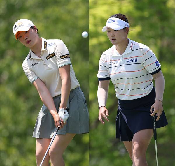 2026년 한국여자프로골프(KLPGA) 투어 제18회 두산 매치플레이에 출전한 방신실, 김민솔 프로가 조별리그 3라운드에서 경기하는 모습이다. 사진제공=KLPGA (사진을 무단으로 사용하지 마십시오.)