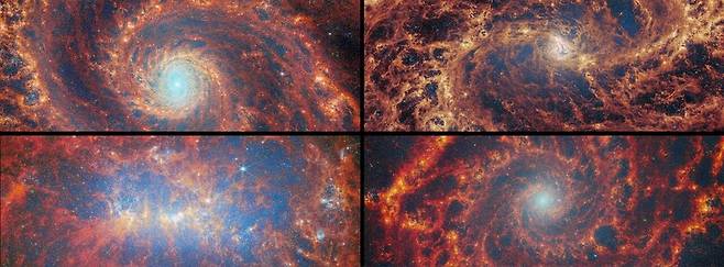 이번 연구에서 조사한 4개의 은하. 왼쪽 위부터 시계 방향으로 M51, M83, NGC 628, NGC 4449. 중심부의 파란색은 밝은별, 주황색과 노란색은 이온화된 가스, 빨간색은 먼지 입자와 다환방향족 탄화수소를 나타낸다. 스톡홀름대 제공