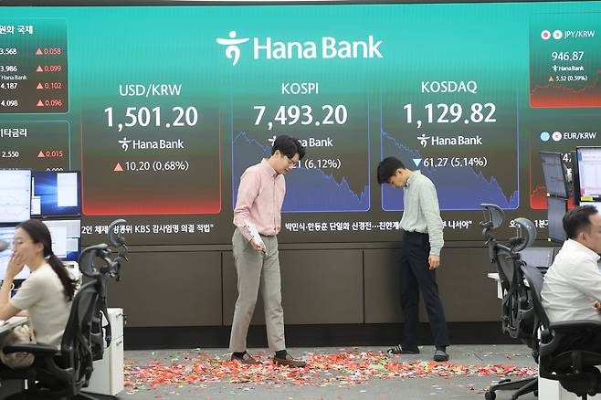코스피가 장 초반 사상 처음 8000선을 돌파한 뒤 급락 전환해 7500선을 내준 15일 서울 중구 하나은행 딜링룸에서 직원이 8000선 돌파기념 세리머니 흔적을 바라보고 있다. 연합뉴스