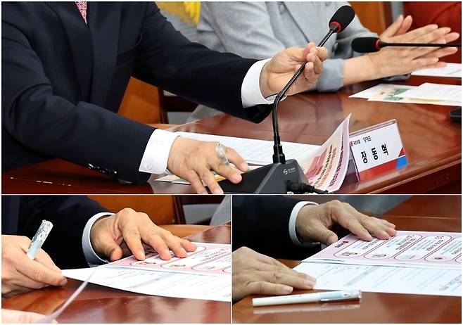 장동혁 국민의힘 대표가 지난 8일 국회에서 열린 \'맘편한 약속 - 6·3지방선거 정책 전달식\'에 참석해 발언을 마치고 마이크를 꺾은 뒤(위) 원고를 탁자의 끝선에 맞추고(아래 사진) 있다. 윤운식 선임기자