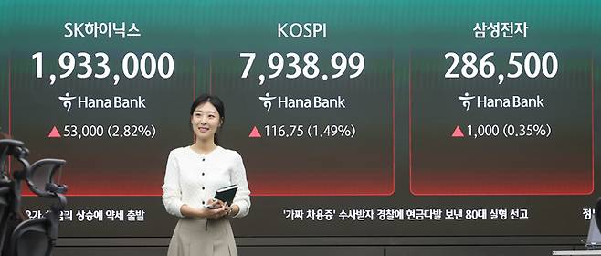 지난 5월 12일 서울 중구 하나은행 딜링룸 현황판에 코스피와 삼성전자·SK하이닉스 주가가 표시돼 있다. (연합뉴스)