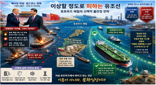 이란이 호르무즈 해협에서 유조선 공격은 의도적으로 피한다는 내용의 상상도. 김태준 한반도안보문제연구소장 AI 그림