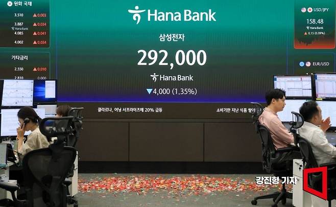 코스피 지수가 사상 첫 장중 8천선을 돌파한 15일 서울 중구 하나은행 딜링룸 전광판에 삼성전자 주가가 표시돼 있다. 2026.5.15 강진형 기자