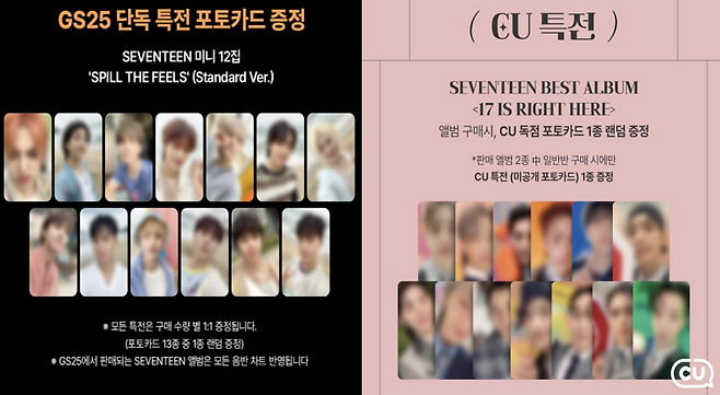 편의점 업체 GS25와 CU는 K팝 아이돌 그룹 세븐틴 앨범 구매 고객을 대상으로 멤버별 포토카드를 랜덤으로 증정하는 이벤트를 진행했다. 인스타그램 캡처.