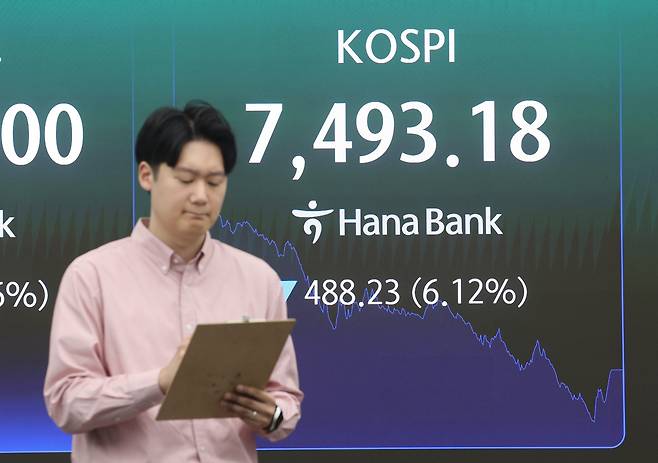 지난 15일 코스피는 전장보다 488.23포인트(6.12%) 내린 7493.18에 장을 마쳤다. 사진은 하나은행 딜링룸. 연합뉴스