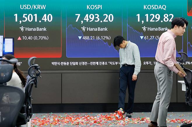 지난 15일 오후 서울 중구 하나은행 본점 딜링룸에서 딜러들이 코스피 8천 돌파를 축하하며 뿌렸던 색종이를 치우고 있다. [뉴스1]