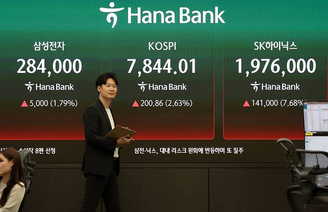코스피가 7844.01 포인트로 종가 기준 최고치를 경신한 지난 13일 오후 서울 중구 하나은행 딜링룸 전광판에 삼성전자와 SK하이닉스가 각각 전 거래일보다 5000원, 14만1000원 오른 28만4000원, 197만6000원을 나타내고 있다. /사진=뉴시스