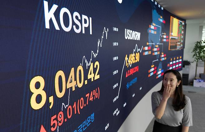 코스피가 사상 첫 8000포인트를 돌파한 15일 오전 서울 여의도 KB국민은행 딜링룸에 코스피 지수 등이 표시돼 있다. 윤창빈 기자