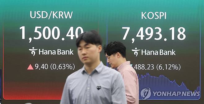 코스피, 6.1% 급락 마감 (서울=연합뉴스) 박동주 기자 = 15일 서울 중구 하나은행 딜링룸에서 직원이 업무를 보고 있다.
이날 코스피는 전장보다 488.23포인트(6.12%) 내린 7,493.18에 장을 마쳤다. 2026.5.15 pdj6635@yna.co.kr