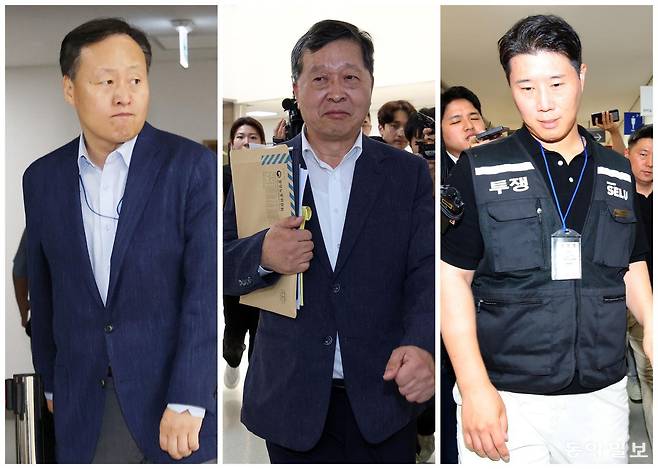 여명구(반도체 부문 피플팀장) 사측 대표교섭위원·박수근 중앙노동위원회 위원장·최승호 삼성전자 초기업노동조합 삼성전자지부 위원장이 18일 정부세종청사 중앙노동위원회에서 열린 2차 삼성전자 노사 사후조정 회의에 참석하고 있다. 송은석 기자 silverstone@donga.com
