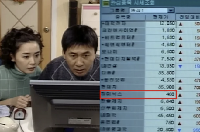 2003년 방영된 SBS 시트콤 '똑바로 살아라'에서 박영규와 이응경이 주식 시세를 확인하고 있다(왼쪽 사진). 오른쪽은 당시 방송 화면에 등장했던 하이닉스(현 SK하이닉스) 등의 주가 시세. SBS 제공