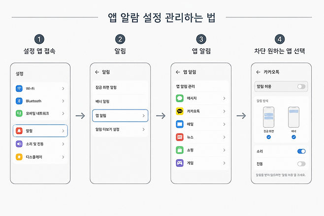 삼성폰과 아이폰 모두 ‘설정’ 에서 ‘앱 알림’으로 들어가면 앱별 알람을 끌 수 있다. 기사의 내용을 바탕으로 생성한 이미지. 챗GPT