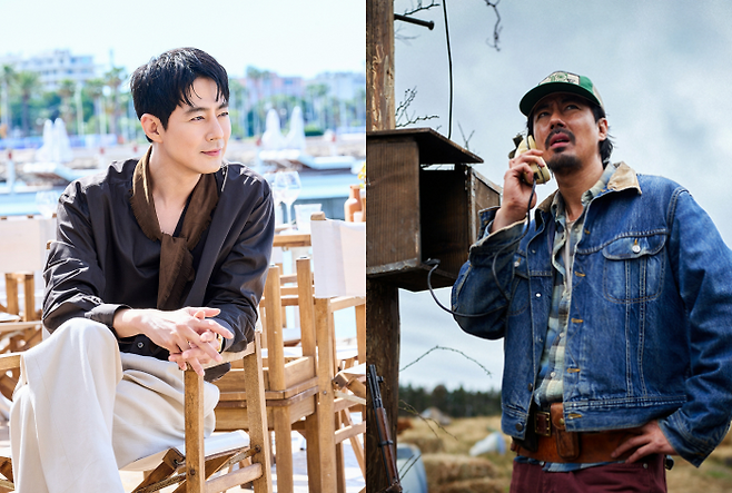 제79회 칸 국제영화제 경쟁 부문에 초청된 영화 <호프>에서 ‘성기’(오른쪽 사진) 역을 맡은 배우 조인성이 프랑스 칸 팔레 드 페스티발 인근 해변에서 포즈를 취하고 있다 플러스엠 엔터테인먼트 제공
