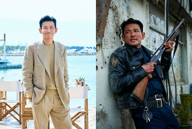 제79회 칸 국제영화제 경쟁 부문에 초청된 영화 <호프>에서 ‘범석’(오른쪽 사진) 역을 맡은 배우 황정민이 프랑스 칸 팔레 드 페스티발 인근 해변에서 포즈를 취하고 있다. 플러스엠 엔터테인먼트 제공
