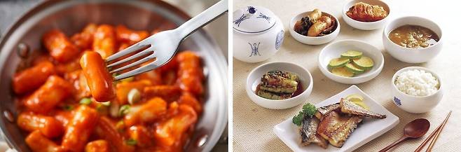 K-푸드로 널리 알려진 떡볶이(왼쪽), 실제 한식으로 자주 마주하는 백반. 클립아트코리아