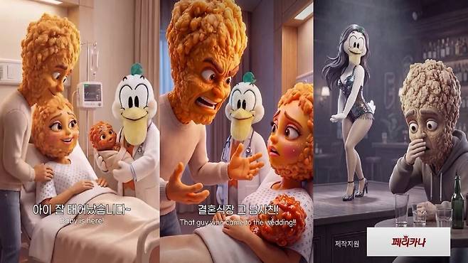 치킨 업체 페리카나가 치킨을 의인화해 불륜 소재로 만든 AI 광고 영상. 해당 영상은 페리카나가 사과문을 올리며 현재 삭제 조치됐다. 후라이드 치킨 부부 사이 양념 치킨이 태어나 아내의 불륜이 드러나고 실망한 남편 치킨은 산부인과 의사와 불륜을 시도한다. 치킨 업체 페리카나 인스타그램 ‘pelicana1982’ 캡처