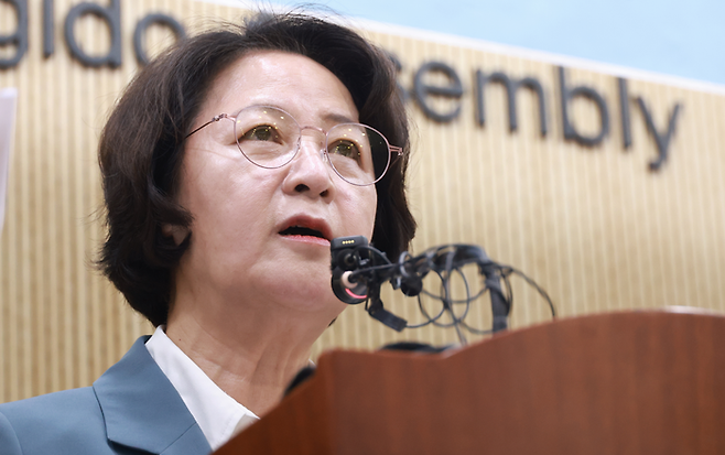 추미애 더불어민주당 경기도지사 후보가 19일 경기도의회에서반도체 관련 합동 공약을 발표하고 있다. ⓒ데일리안 방규현 기자