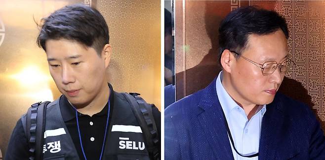 최승호(왼쪽 사진) 삼성그룹 초기업노조 삼성전자지부 위원장과 여명구 삼성전자 반도체부문(DS) 피플팀장 부사장이 20일 정부세종청사 내 중앙노동위원회를 떠나고 있다. 연합뉴스