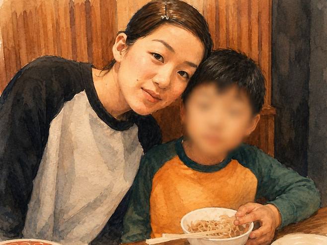 하시구치 아키코씨가 2001년 9월 아들과 함께 찍은 사진. 실제 사진을 생성형 인공지능(AI)으로 일러스트화한 이미지입니다.