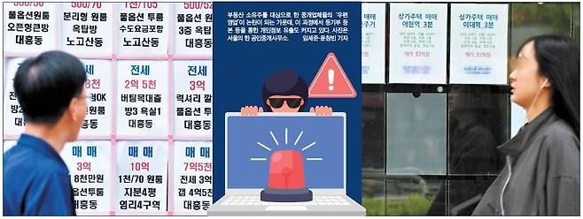 부동산 소유주를 대상으로 한 중개업체들의 ‘우편 영업’이 논란이 되는 가운데, 이 과정에서 등기부 등본 등을 통한 개인정보 유출도 커지고 있다. 사진은 서울의 한 공인중개사무소. 임세준·윤창빈 기자