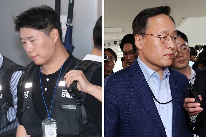 삼성전자 사측 대표교섭위원인 여명구 DS(디바이스솔루션·반도체 사업 담당) 피플팀장과 삼성그룹 초기업노동조합 삼성전자지부 최승호 위원장(왼쪽)이 20일 정부세종청사 중앙노동위원회에서 노사협상 결렬에 따른 입장을 밝힌 뒤 협상장을 떠나고 있다. ⓒ 연합뉴스
