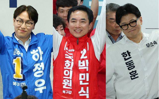 부산 북갑 보궐 선거에서 격돌을 벌이는 더불어민주당 하정우, 국민의힘 박민식, 무소속 한동훈 후보. 부산일보DB