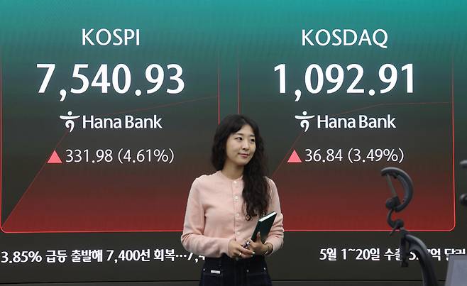 ▲코스피가 급등 출발한 21일 서울 중구 하나은행 딜링룸에서 직원이 업무를 보고 있다. [사진=연합뉴스]