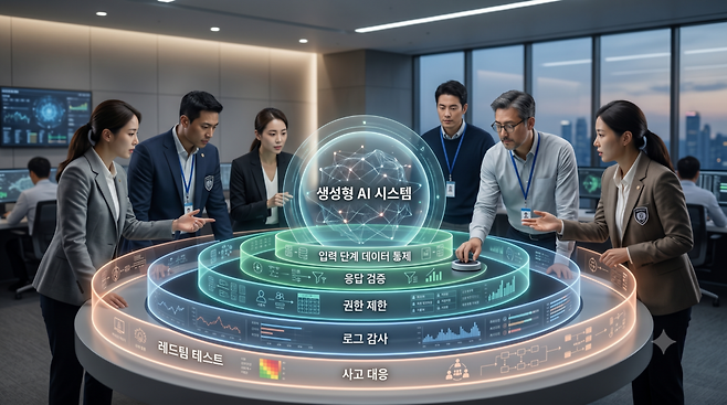 생성형 AI 보안의 핵심은 단일 차단 기술보다 입력·응답·권한·감사를 결합한 다층 방어에 있다. (이미지=AI로 생성)