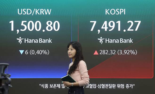 코스피가 급등 출발한 21일 서울 중구 하나은행 딜링룸에서 직원이 업무를 보고 있다. (사진=연합뉴스)