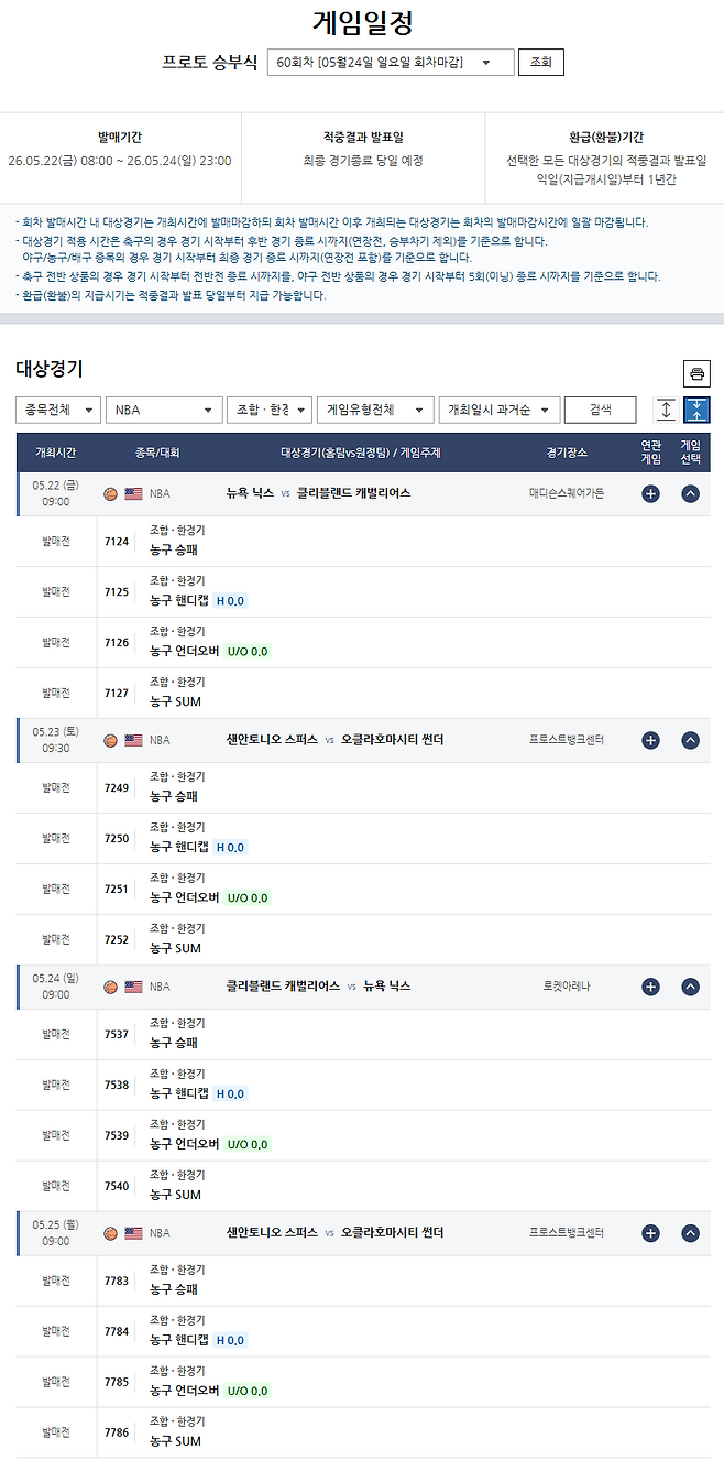 프로토 승부식 60회차, NBA 동서부 콘퍼런스 파이널 대상 게임 정보.