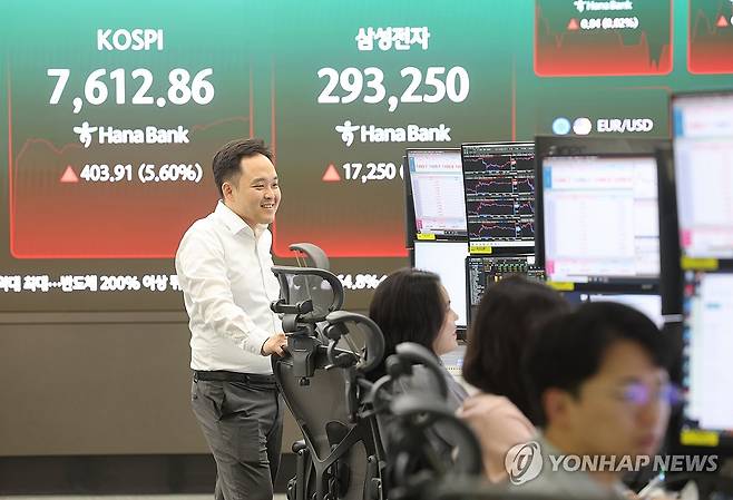 삼성전자 주가 '방긋' (서울=연합뉴스) 박동주 기자 = 코스피가 급등 출발한 21일 서울 중구 하나은행 딜링룸 전광판에 삼성전자 주가가 표시돼 있다. 2026.5.21 pdj6635@yna.co.kr