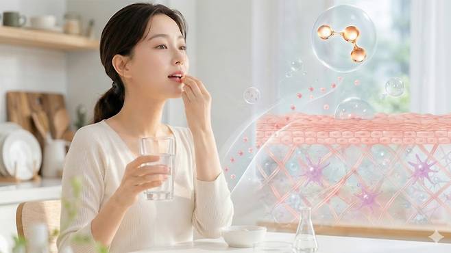 콜라겐은 다수의 아미노산이 결합한 단백질로, 피부 진피층을 지탱하는 주요 구조물이다｜출처: ChatGPT 생성
