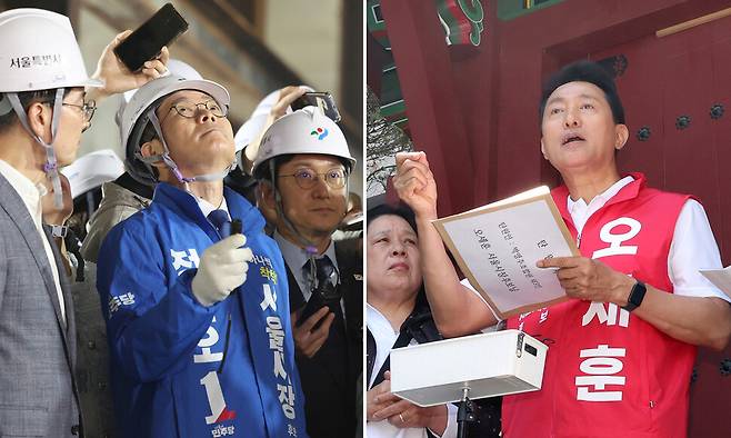 정원오 더불어민주당 서울시장 후보(왼쪽 사진)가 지난 21일 오후 서울 강남구 삼성역 인근에서 ‘철근 누락’ 오류가 발생한 수도권광역급행철도(GTX)-에이(A) 삼성역 구간 공사 현장을 살펴보고 있다. 오른쪽 사진은 22일 낮 오세훈 국민의힘 서울시장 후보가 서울 성동구 아기씨당 앞에서 ‘행당 7구역 아기씨굿당 피해주민 현장간담회’를 열고 있는 모습이다. 최현수 기자 emd@hani.co.kr