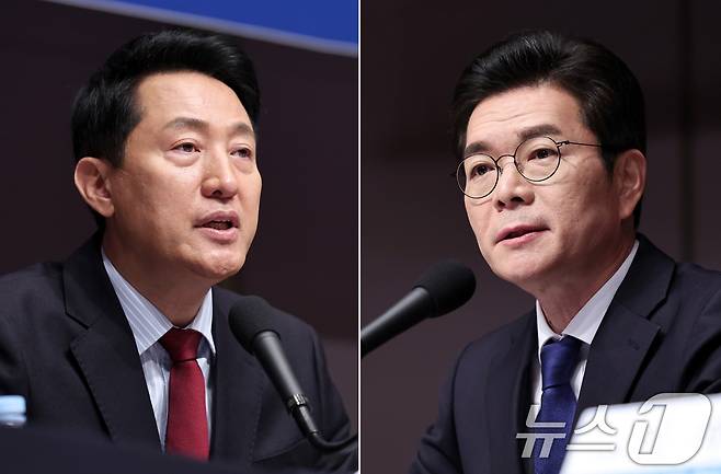 정원오 더불어민주당 서울시장 후보(왼쪽)와 오세훈 국민의힘 서울시장 후보가 20일 오전 서울 중구 한국프레스센터에서 열린 관훈클럽 초청 토론회에서 각각 발언하고 있다. 2026.5.20 ⓒ 뉴스1 구윤성 기자