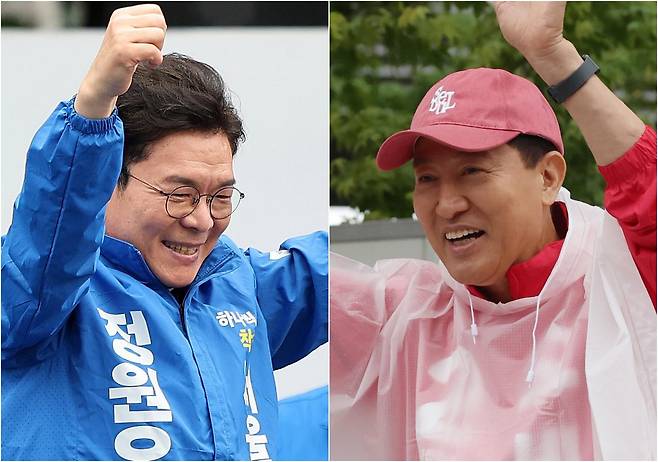 서울시장 선거에 나선 정원오(왼쪽) 더불어민주당 후보와 오세훈 국민의힘 후보가 제9회 전국동시지방선거 공식 선거운동이 시작된 21일 각각 서울 성동구 왕십리역 광장과 강북구 삼양사거리에서 유권자들에게 지지를 호소하고 있다. 뉴스1