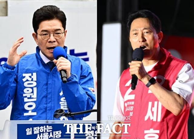 6·3 지방선거를 앞두고 보수의 심장부인 '강남 3구'의 민심이 요동치고 있다. 왼쪽부터 정원오 더불어민주당 서울시장 후보와 오세훈 국민의힘 서울시장 후보. /배정한·이새롬 기자