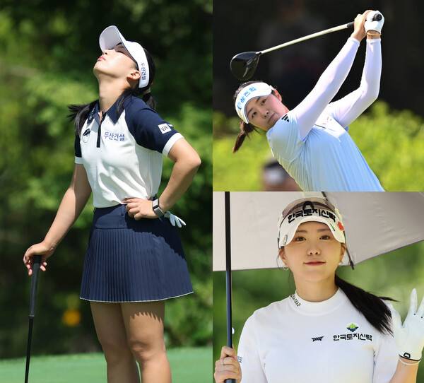 2026년 한국여자프로골프(KLPGA) 투어 제14회 E1채리티 오픈에 출전한 이율린 프로가 최종라운드에서 경기하는 모습이다. 그리고 서교림, 조아연 프로. 사진제공=KLPGA (사진을 무단으로 사용하지 마십시오.)