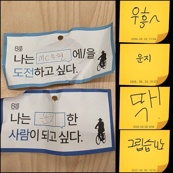 노무현 전 대통령 서거 17주기 추도식이 열린 지난 23일 경남 김해 봉하마을에 몰려온&nbsp;일베 성향 청년들이 노무현기념관 포스트잇과 전자 방명록에 남긴 각종 조롱 문구.&nbsp;황희두 노무현재단 이사 페이스북