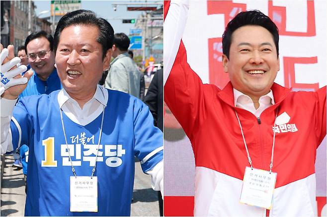 더불어민주당 정청래 총괄상임선거대책위원장(왼쪽)과 국민의힘 장동혁 상임선거대책위원장. 연합뉴스