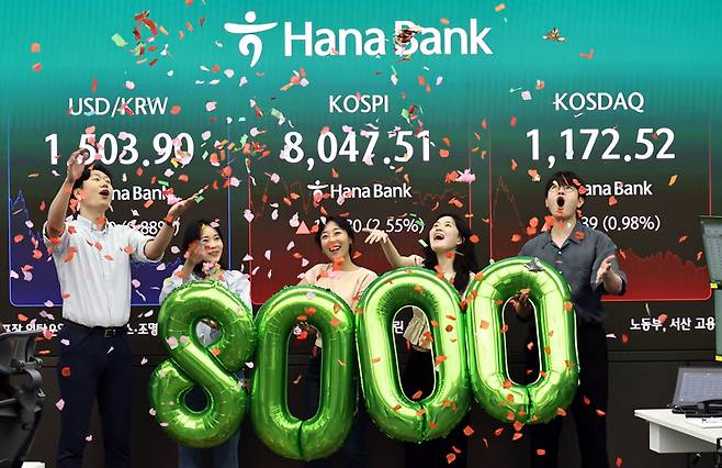 ▲26일 서울 중구 하나은행 딜링룸 현황판에 코스피 등이 표시되고 있다. 이날 코스피는 전 거래일 대비 199.80포인트(2.55%) 오른 8,047.51에 장을 마쳤다. [사진=연합뉴스]