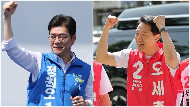 6·3 서울시장 선거에 나선 더불어민주당 정원오 후보가 25일 서울 강서구 마곡나루역 앞 유세 현장에서 오른손을 들어 올리며 지지를 호소하고 있다(왼쪽 사진). 이날 국민의힘 오세훈 후보도 서울 광진구 어린이대공원에서 시민과 인사를 나누고 있다. 여야가 전국의 접전지역을 서울 포함 7~8곳으로 분류하는 등 이번 선거전은 치열해지고 있다. /장경식 김지호 기자