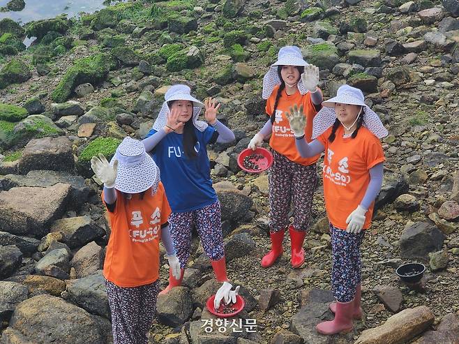 전남 강진 푸소 체험에 참여한 부산 신도중학교 학생들이 지난 12일 갯벌에서 고둥잡이 체험을 하고 있다. 고귀한 기자
