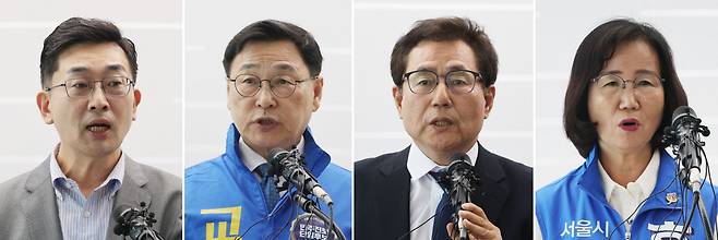 서울시교육감 선거에 출마한 이학인·정근식·한만중·홍제남 후보(왼쪽 사진부터)가 26일 서울 용산구 서울시교육청에서 각각 공약을 발표하고 있다.  연합뉴스