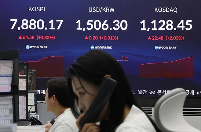 코스피가 7800선에서 등락하며 출발한 지난 22일 서울 중구 우리은행 본점 딜링룸에서 직원들이 업무를 보고 있다. [연합뉴스]