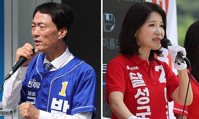 더불어민주당 박형룡 달성군 국회의원 후보(왼쪽)와 국민의힘 이진숙 달성군 국회의원 후보가 24일 대구 달성군 가창 찐빵 골목과 송해공원에서 유세하고 있다. 연합