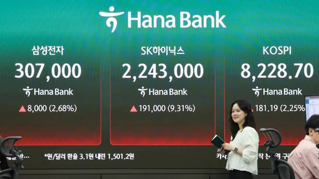 ▲&nbsp;27일 서울 중구 하나은행 본점 딜링룸 현황판에 삼성전자, SK하이닉스, 코스피 종가가 표시돼 있다./연합뉴스