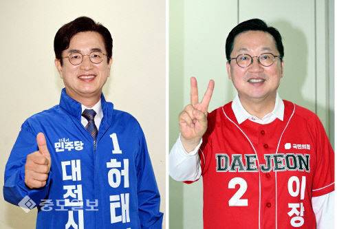 더불어민주당 허태정 대전시장 후보(왼쪽)와 국민의힘 이장우 후보.(사진=이성희 기자)