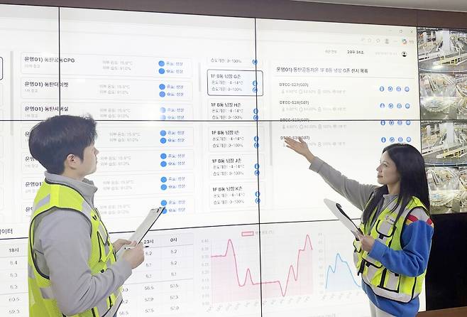 CJ대한통운 동탄물류센터에서 운영 중인 '로이스 온도' 관제 화면을 CJ대한통운 직원들이 바라보며 물류센터 내부 온도, 습도를 체크하고 있다./CJ대한통운