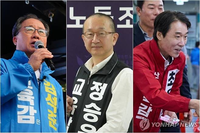 부산교육감 후보 왼쪽부터 김석준 정승윤 최윤홍 후보 [각 캠프 제공]